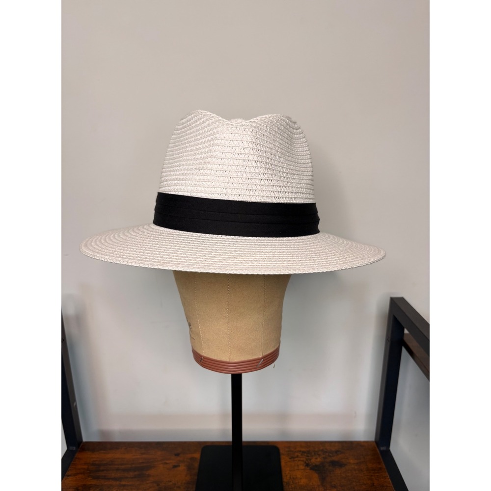 Anycosy White Straw Fedora Hat Black Ribbon Band Sun Hat Mens Womens Size M